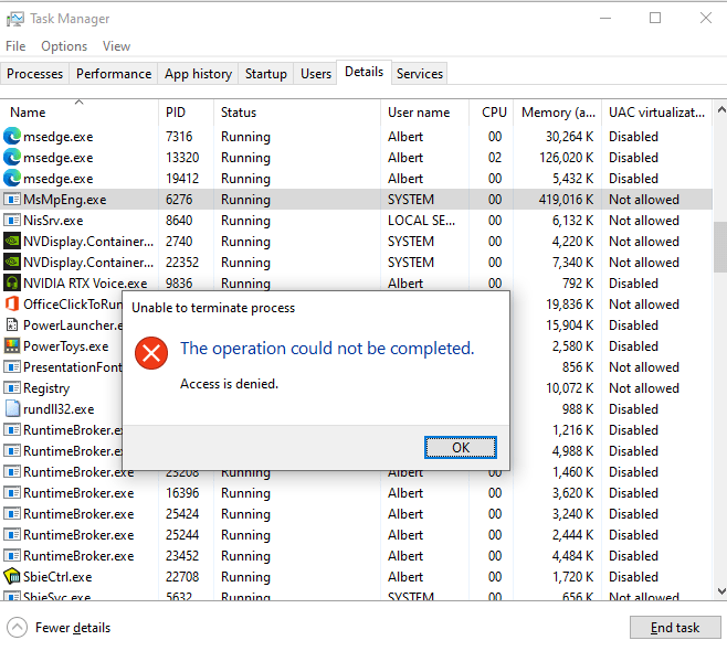 Attempting to terminate MsMpEng.exe